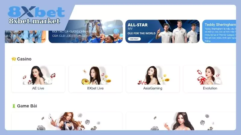 Sảnh casino 8XBet có nhiều nhà cung cấp đa dạng sản phẩm